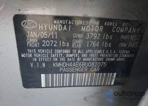 2011 Hyundai Elantra Limited (Ulsan Plant) from USA, damaged, VIN KMHDH4AE6BU082075